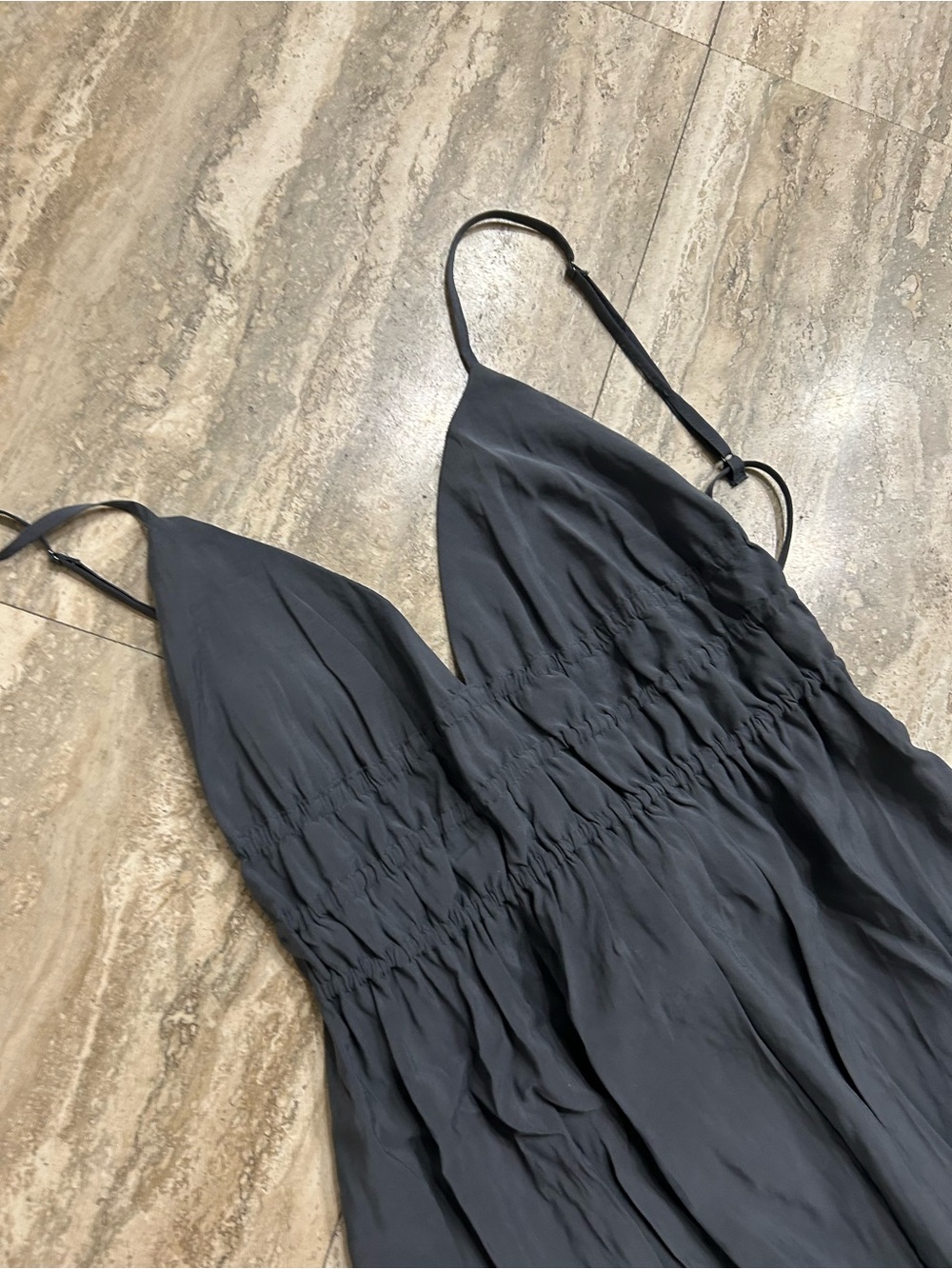 Zara Dark Gray Smocked-Body Maxi Dress with Spaghetti Straps - Picture 4 of 6